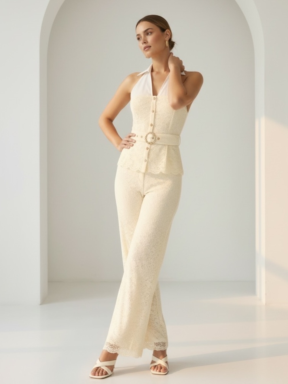 🏷️1378 • Butter Yellow Stretch Lace Layered Look Trapeze Belted Top & Pants Set